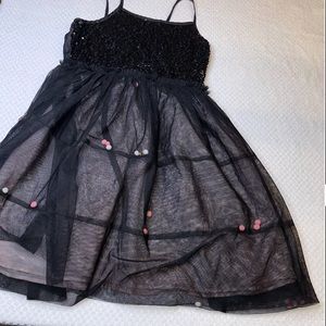 Girls Cat & Jack Holiday Dress 14 Black Sequins Tulle Pompoms  In Skirt